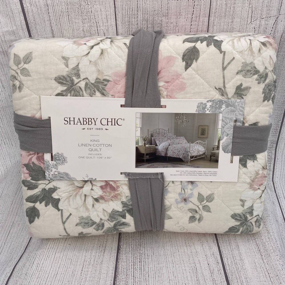 Shabby Chic Linen Cotton Quilt KING Pink Rose Floral Cream Bedding Romantic